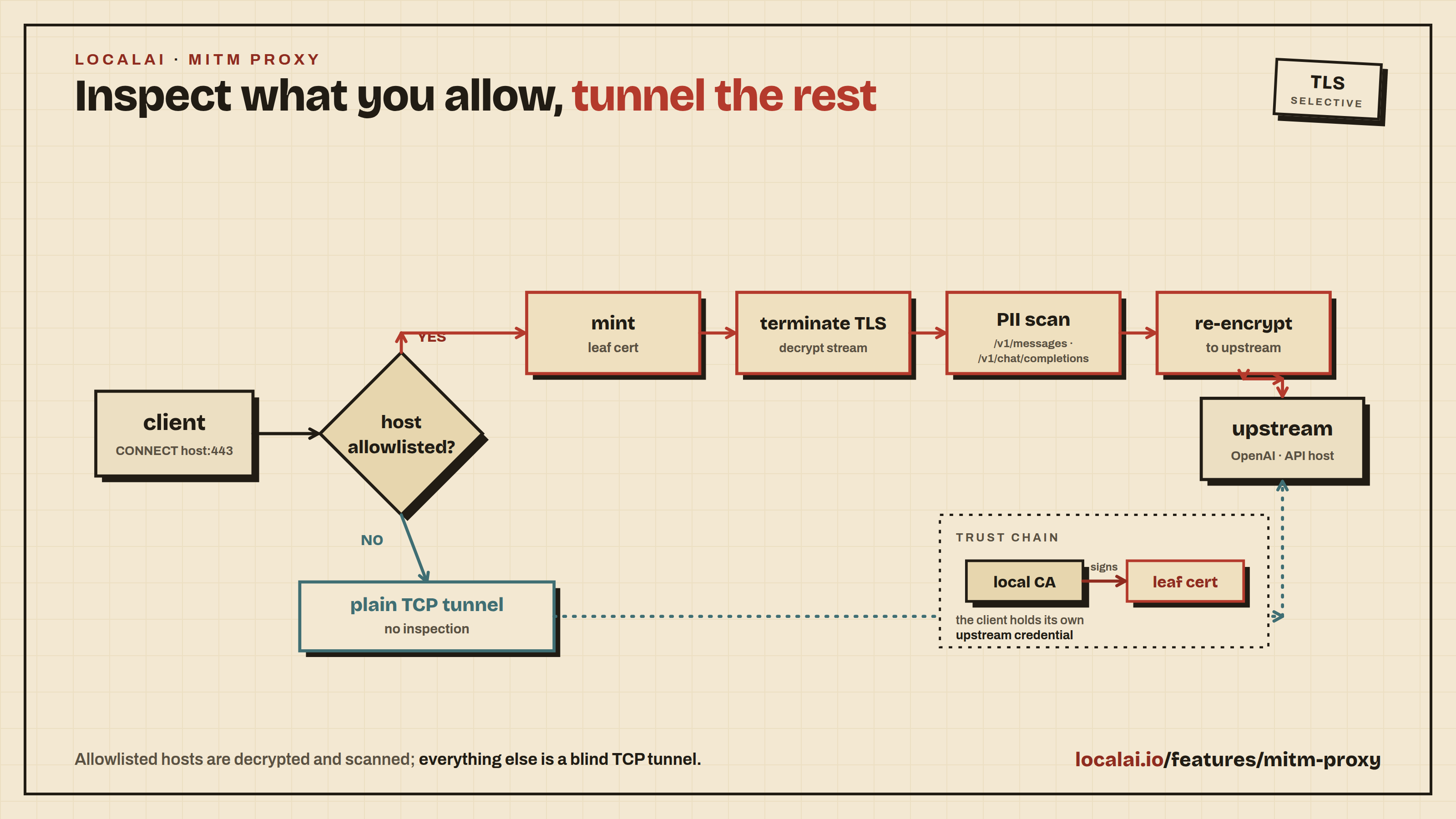 MITM proxy: allowlisted hosts are decrypted and scanned, everything else is a blind TCP tunnel