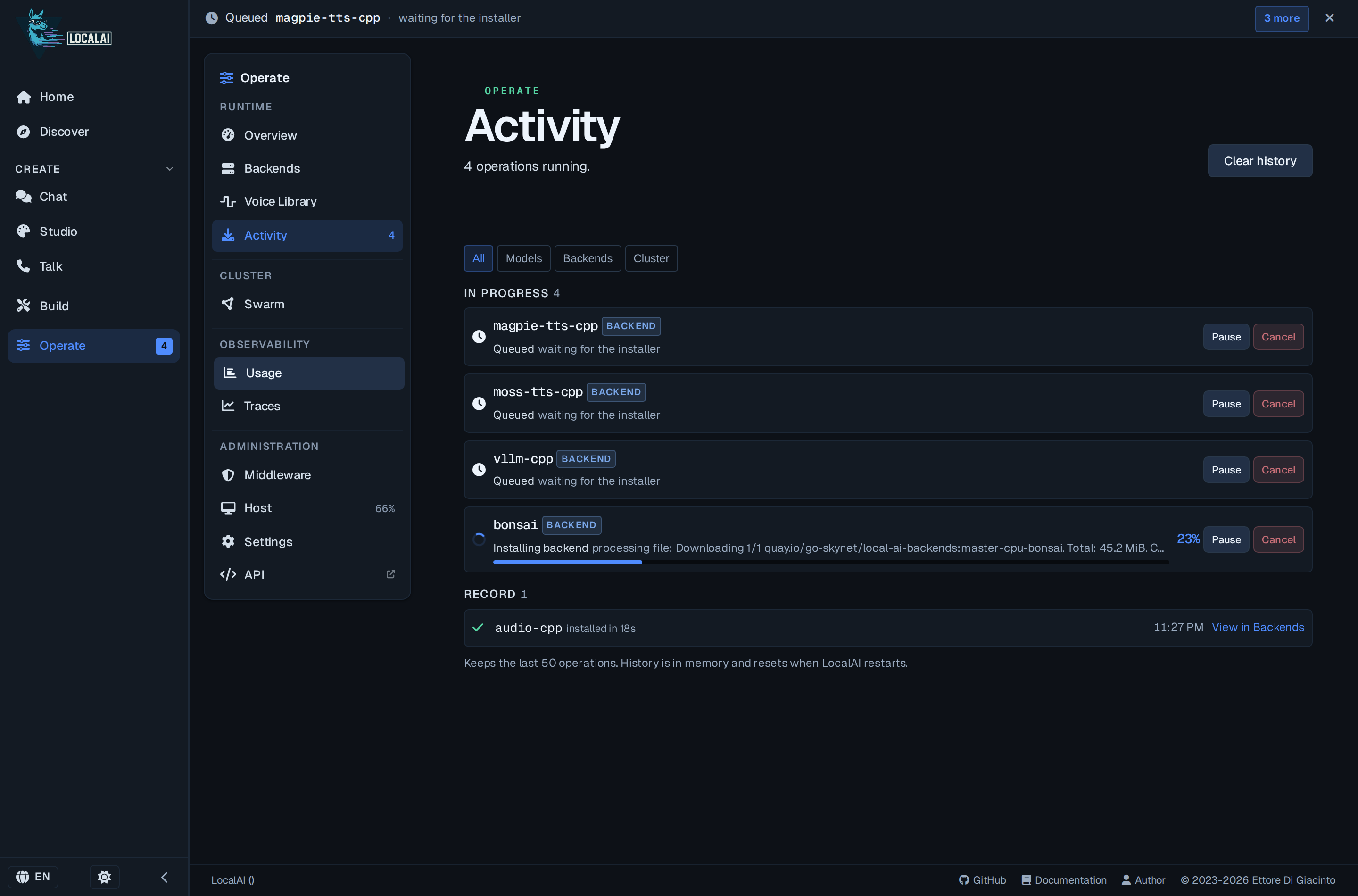 The Activity page with four installs running