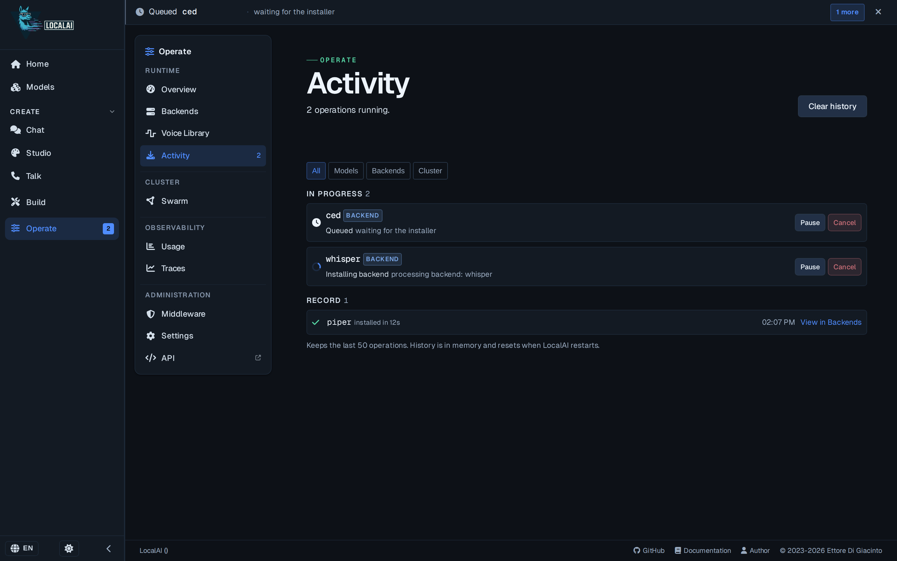 The Activity page with two backend installs in progress and one completed